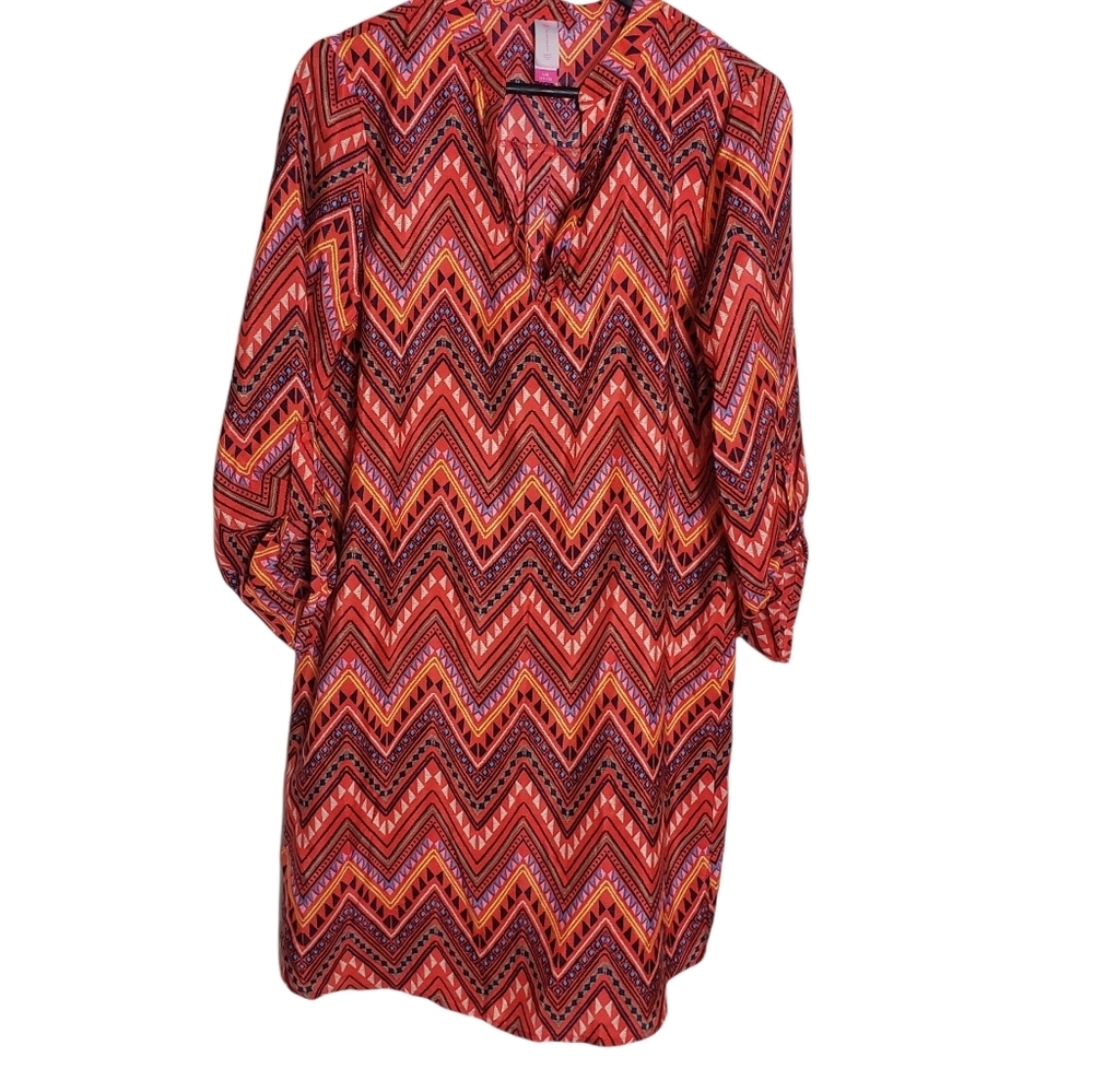 Colorful Aztec Print Tunic Shirt Juniors Size Large Roll Tab Sleeves *NO BELT*